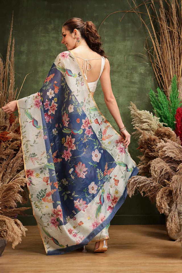 Blue Chanderi Floral Printed Cotton Saree
