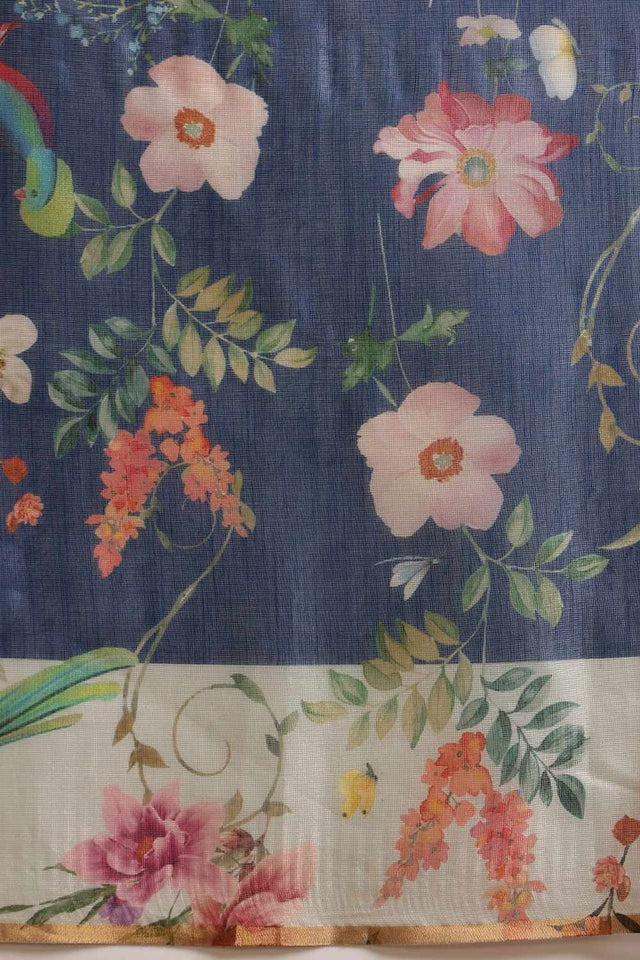 Blue Chanderi Floral Printed Cotton Saree