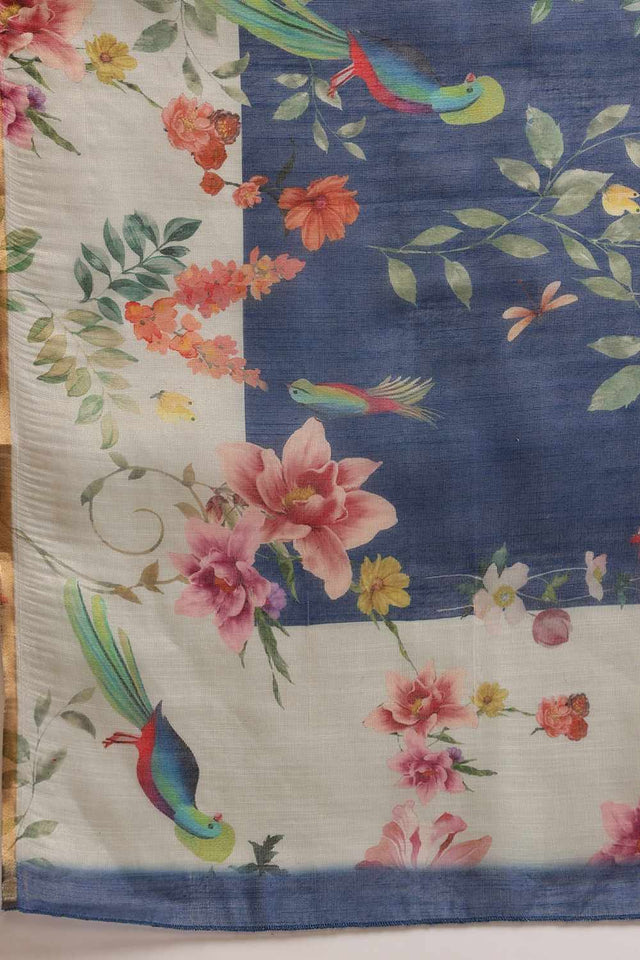 Blue Chanderi Floral Printed Cotton Saree