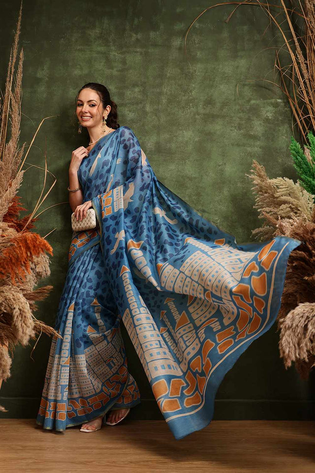 Blue Chanderi Abstract Printed Cotton Saree