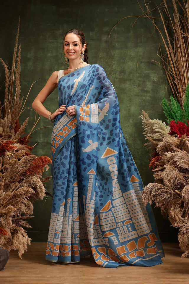 Blue Chanderi Abstract Printed Cotton Saree