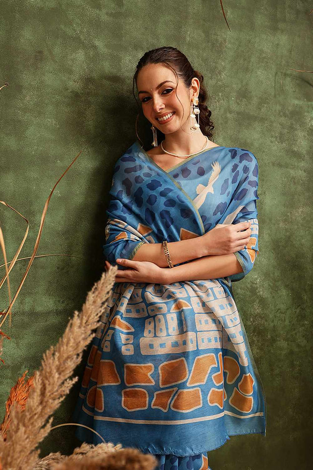 Blue Chanderi Abstract Printed Cotton Saree