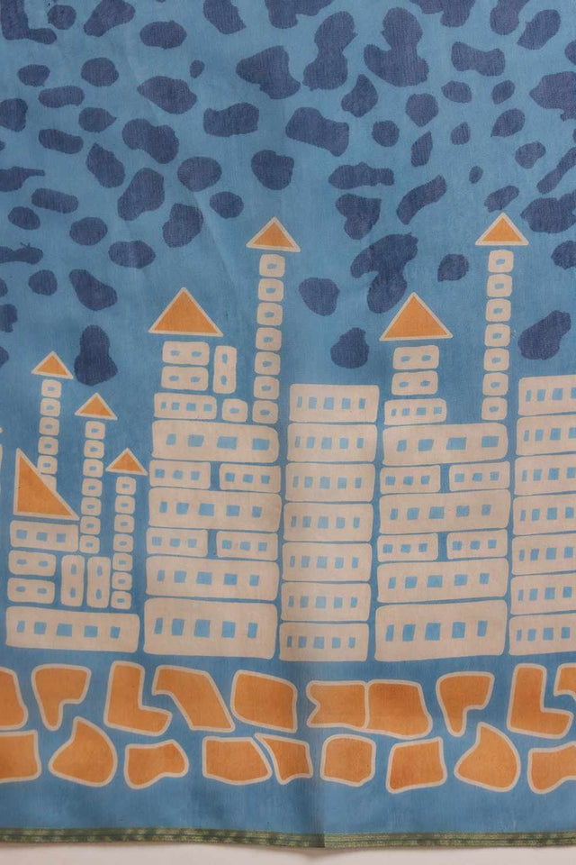 Blue Chanderi Abstract Printed Cotton Saree