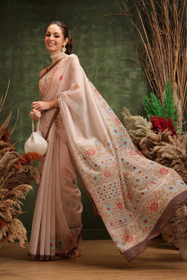 Orange Chanderi Floral Printed Cotton Saree