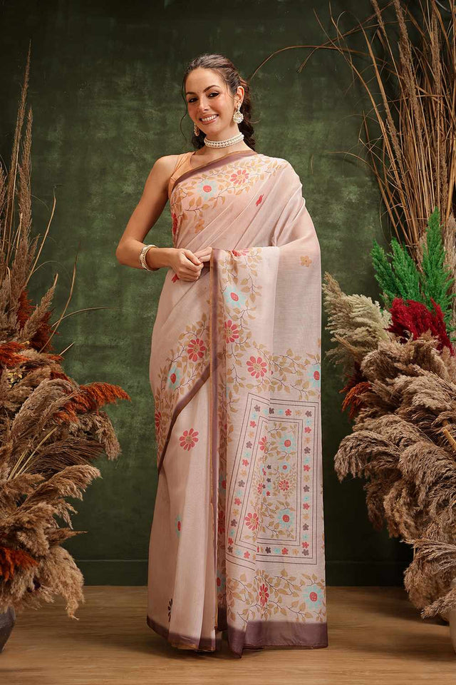 Orange Chanderi Floral Printed Cotton Saree