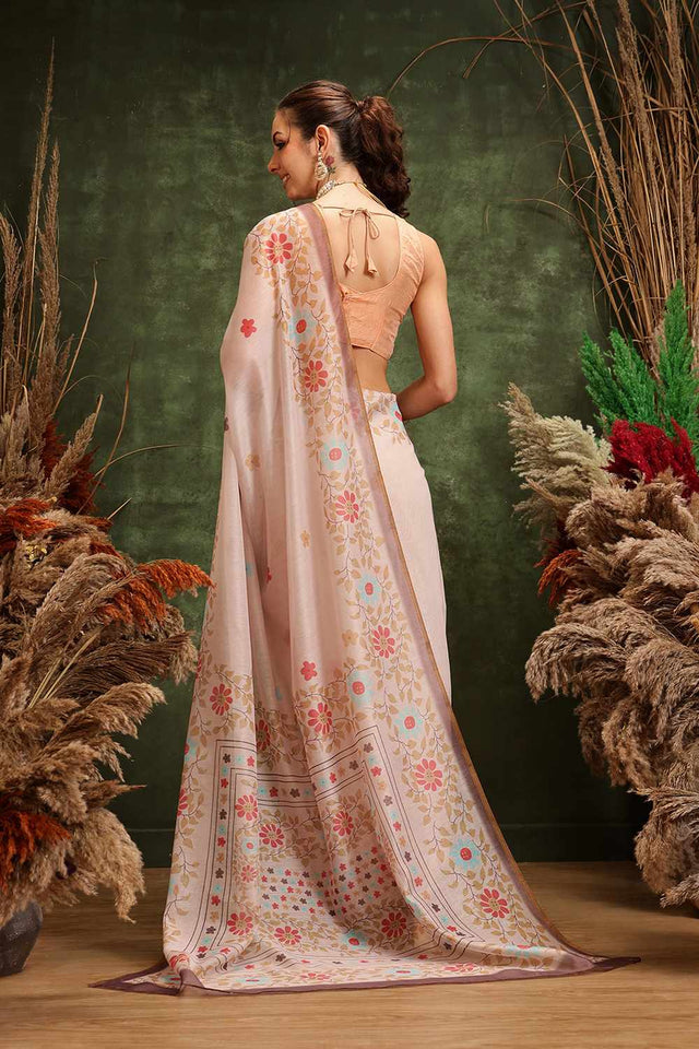 Orange Chanderi Floral Printed Cotton Saree