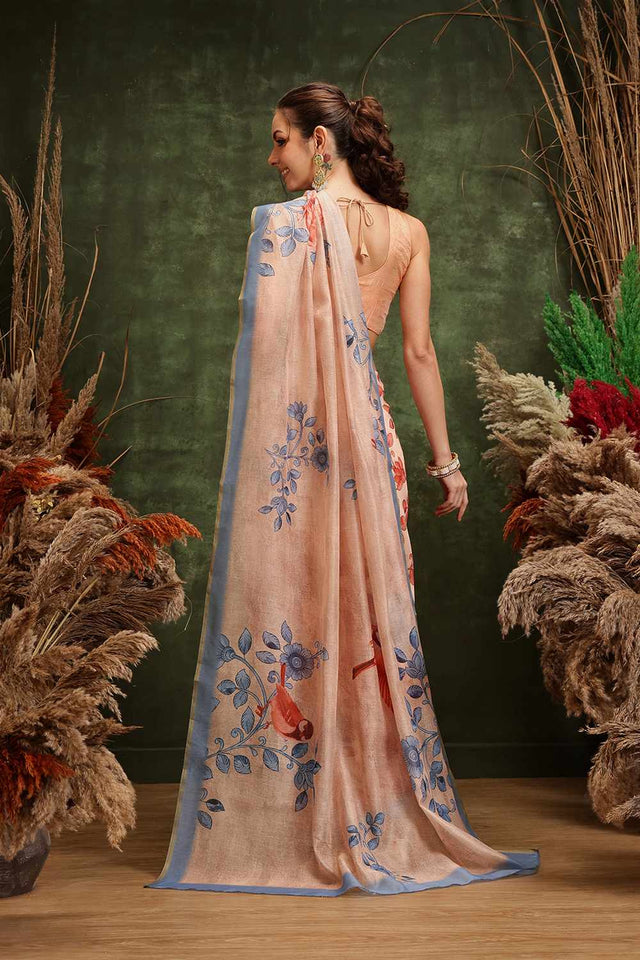 Beige Chanderi Floral Printed Cotton Saree