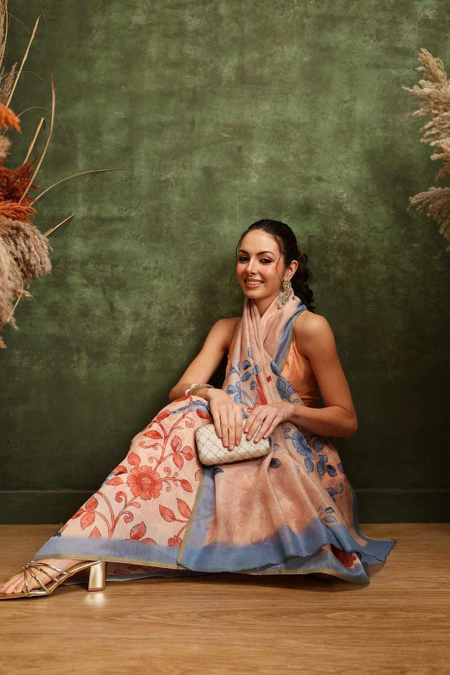 Beige Chanderi Floral Printed Cotton Saree