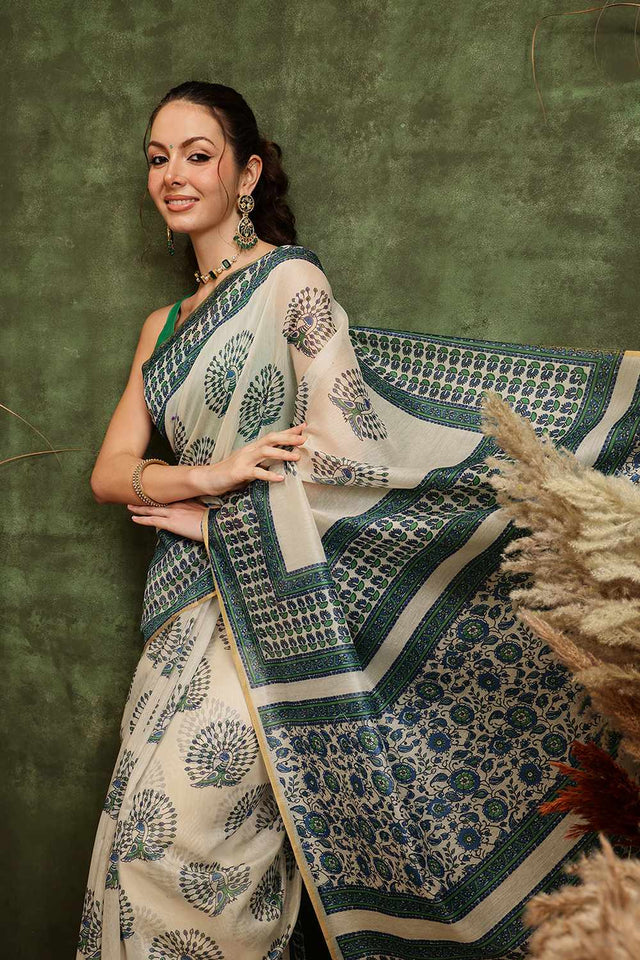 White Chanderi Abstract Printed Cotton Saree