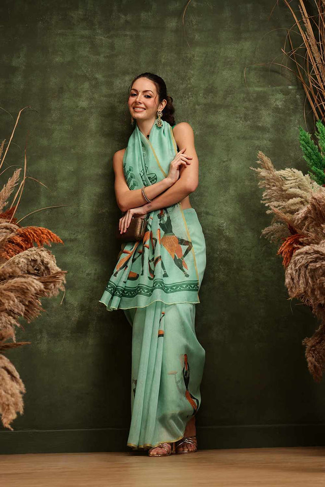 Green Chanderi Abstract Printed Cotton Saree