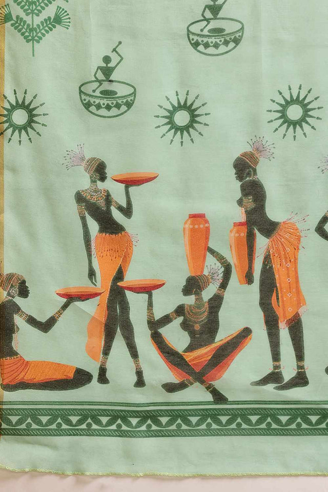 Green Chanderi Abstract Printed Cotton Saree