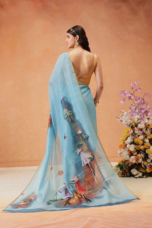 Blue Chanderi Abstract Printed Cotton Saree