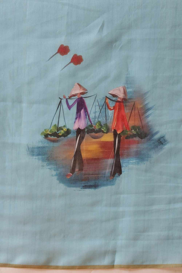 Blue Chanderi Abstract Printed Cotton Saree