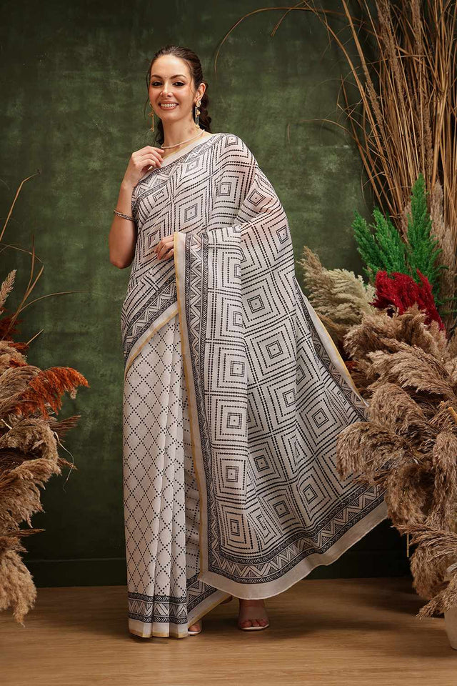White Chanderi Floral Printed Cotton Saree