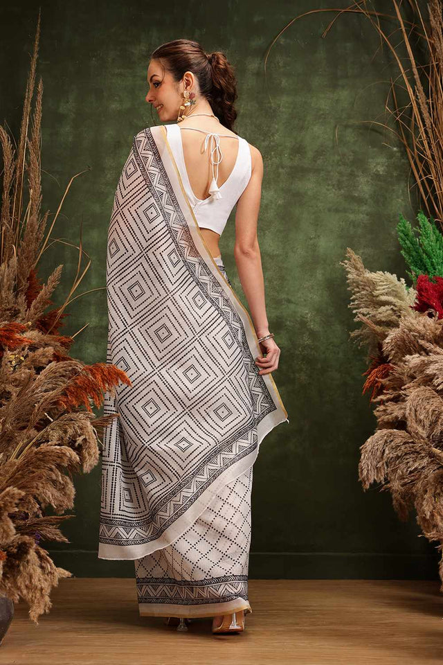 White Chanderi Floral Printed Cotton Saree