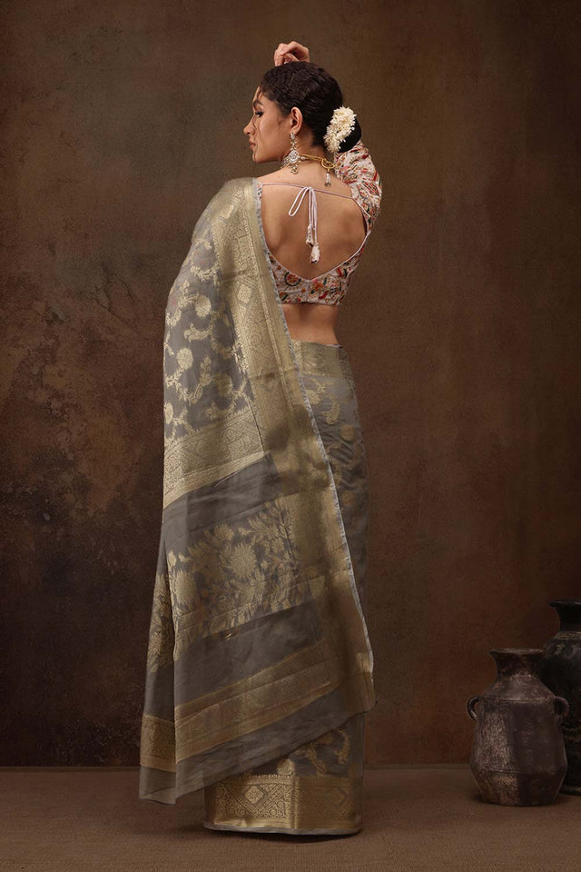 Grey Cotton Blend Floral Woven Saree