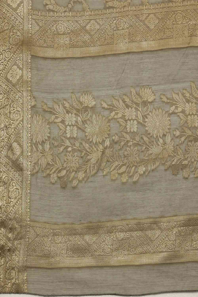 Grey Cotton Blend Floral Woven Saree