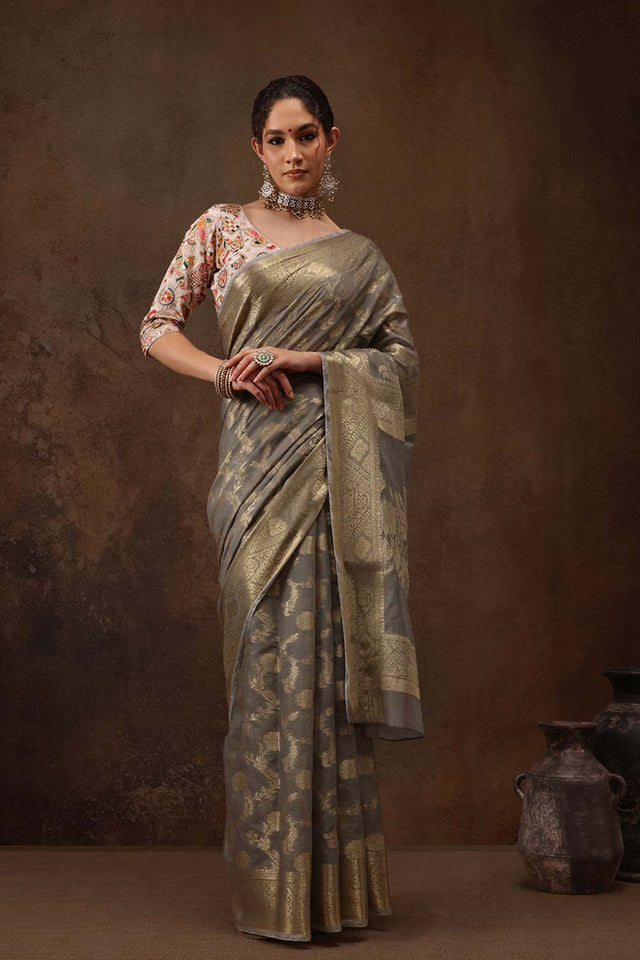 Grey Cotton Blend Floral Woven Saree