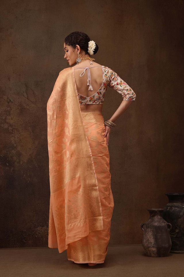 Peach Cotton Blend Floral Woven Saree
