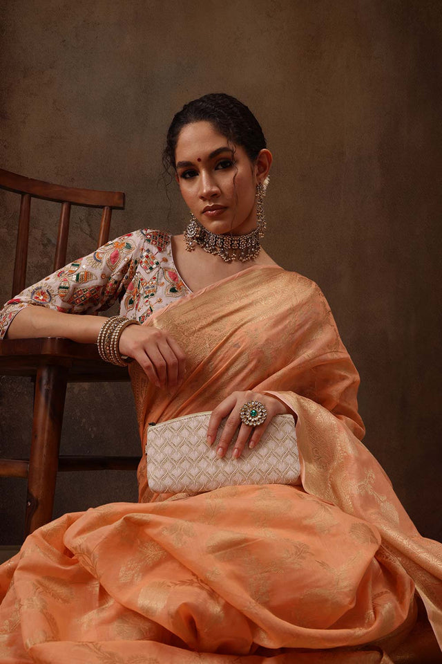 Peach Cotton Blend Floral Woven Saree