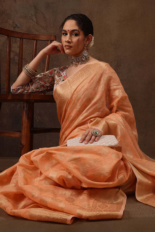 Peach Cotton Blend Floral Woven Saree