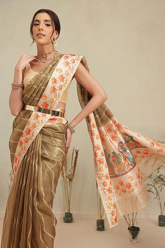 Olive Green Floral Printed Tissue Saree (SZ-EMA-GN-3204)