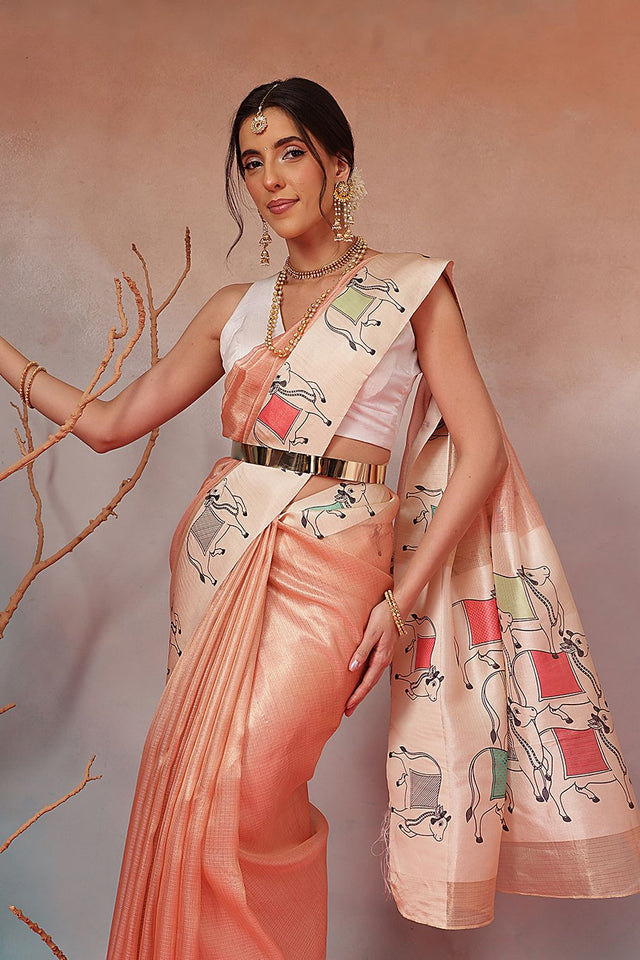 Peach Warli Printed Tissue Saree (SZ-EMA-PE-3205)