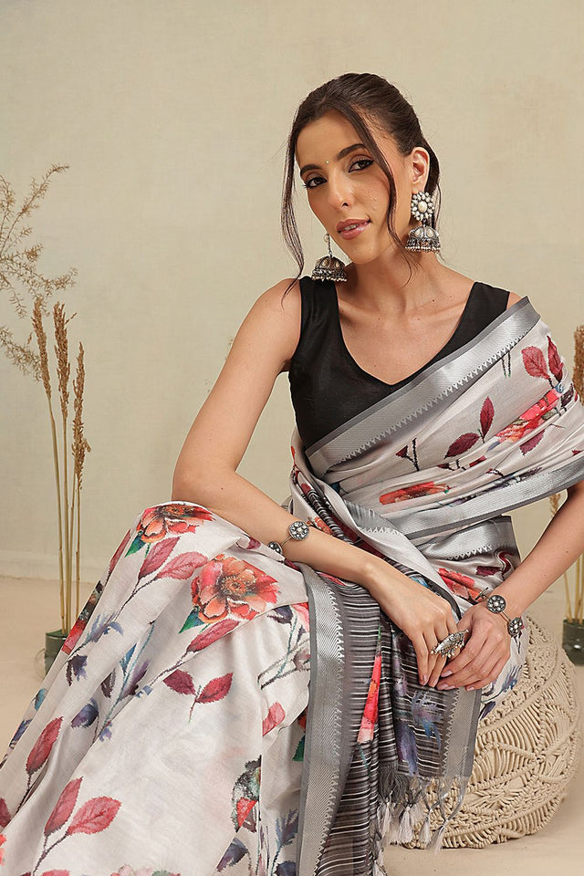 White Floral Printed Art Silk Saree (SZ-EVA-WT-3202)