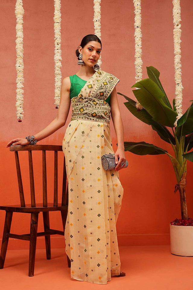 Beige Woven Cotton Saree