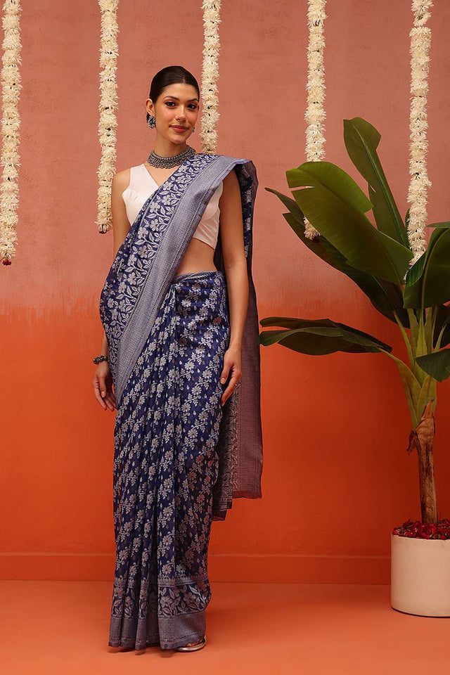 Blue Woven Cotton Saree
