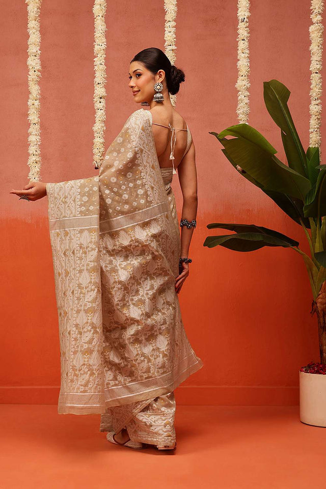 Beige Woven Cotton Saree