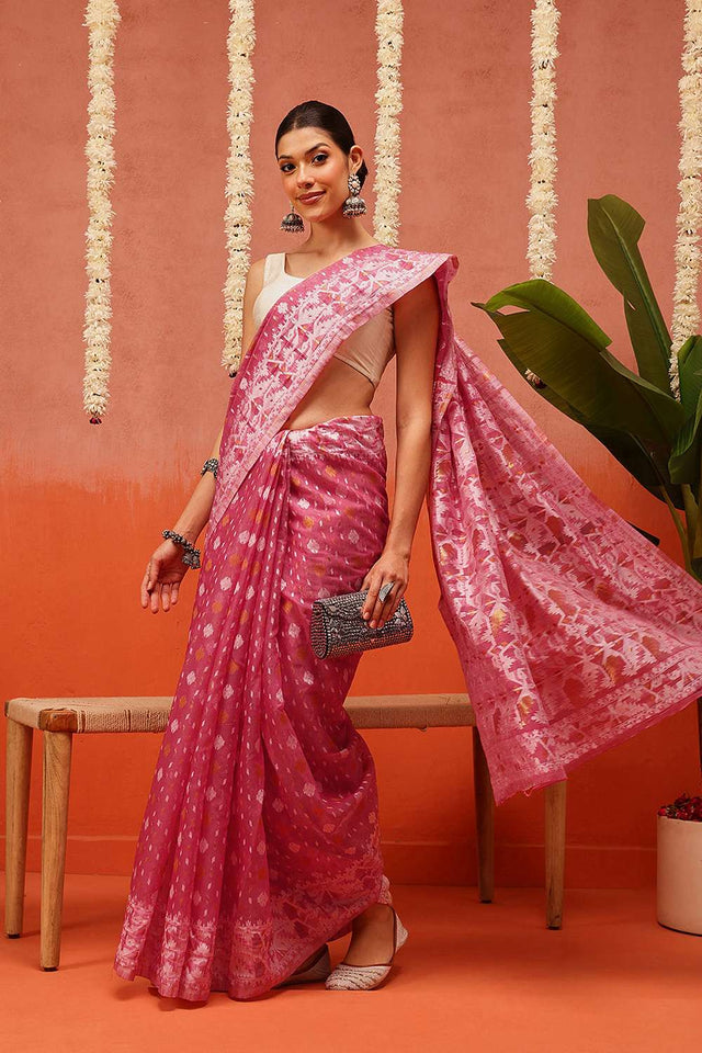 Pink Woven Cotton Saree