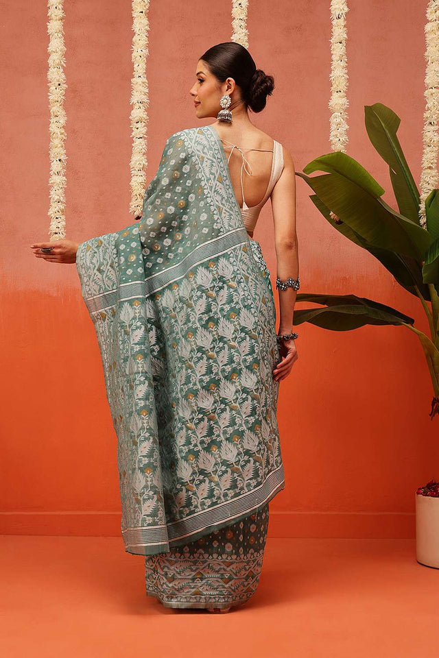 Turquoise Woven Cotton Saree