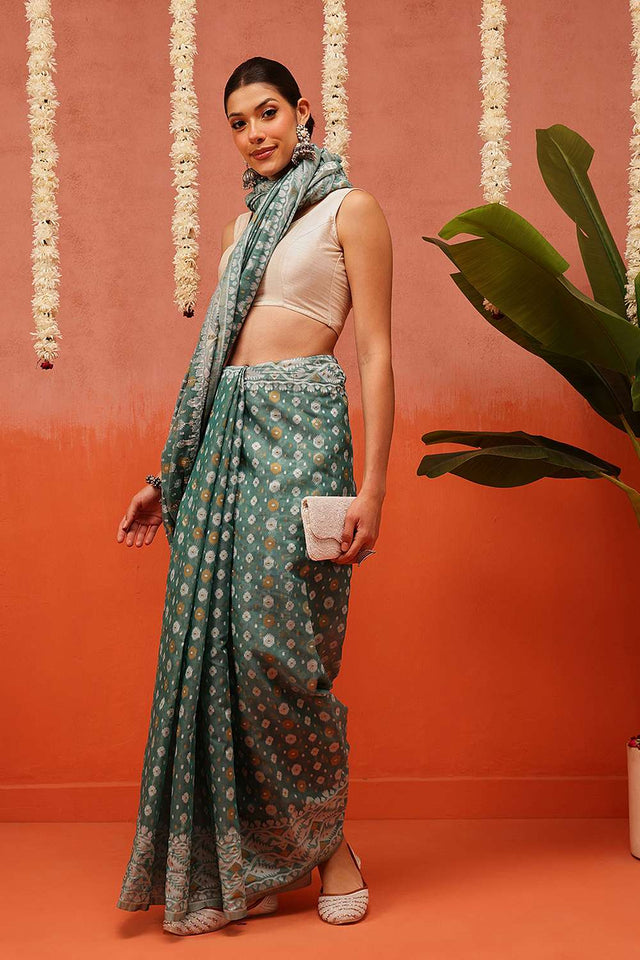 Turquoise Woven Cotton Saree