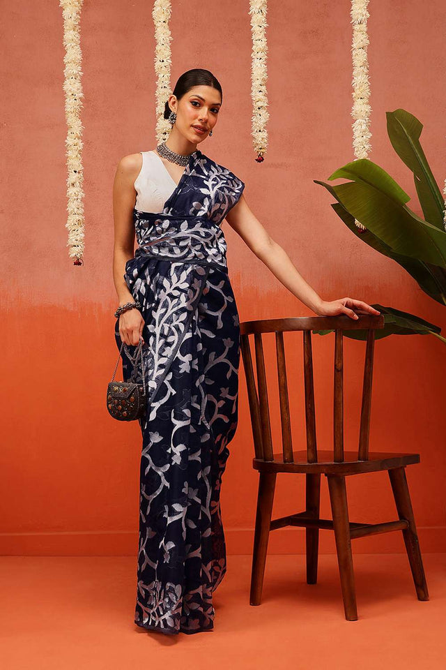 Blue Woven Cotton Saree