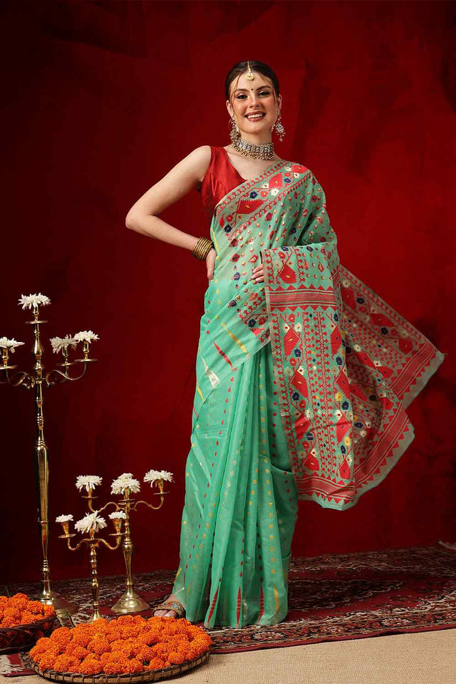 Green Woven Design Cotton Saree