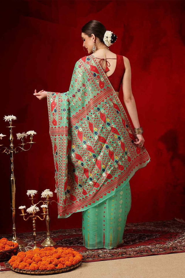 Green Woven Design Cotton Saree