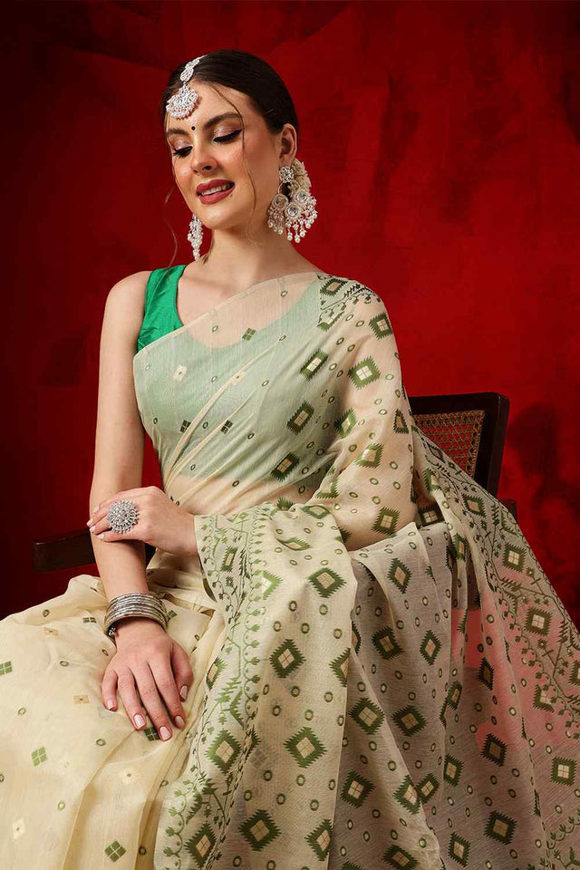 Beige Woven Design Cotton Saree