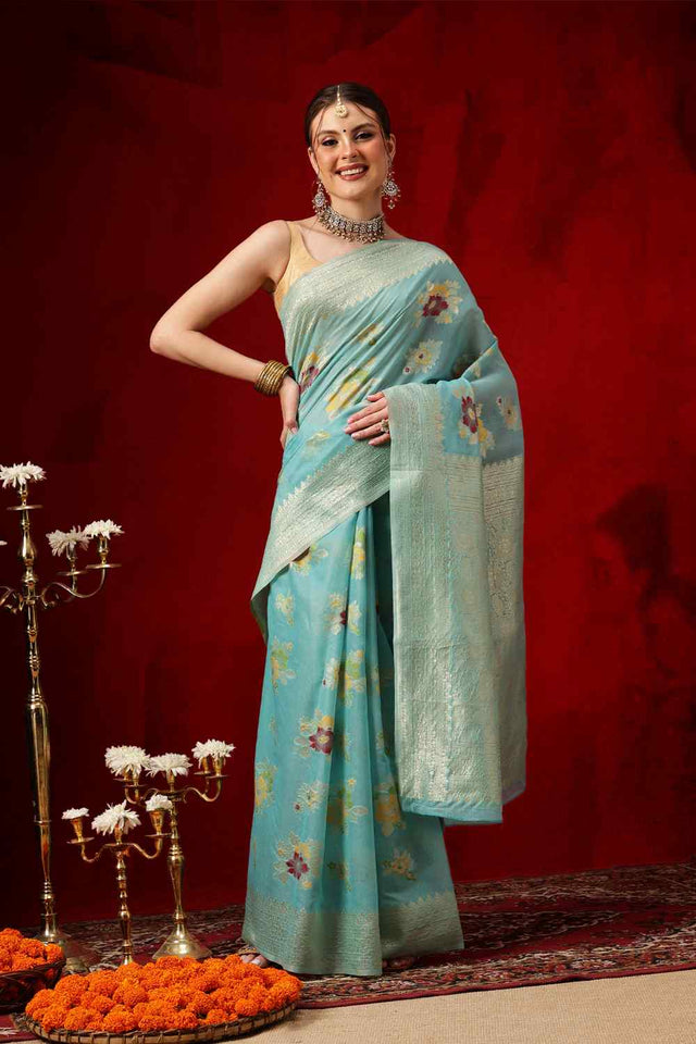 Turquoise Woven Design Cotton Saree