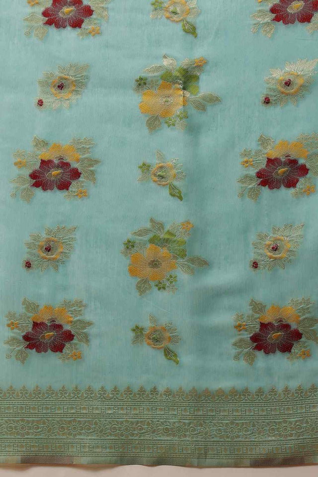Turquoise Woven Design Cotton Saree