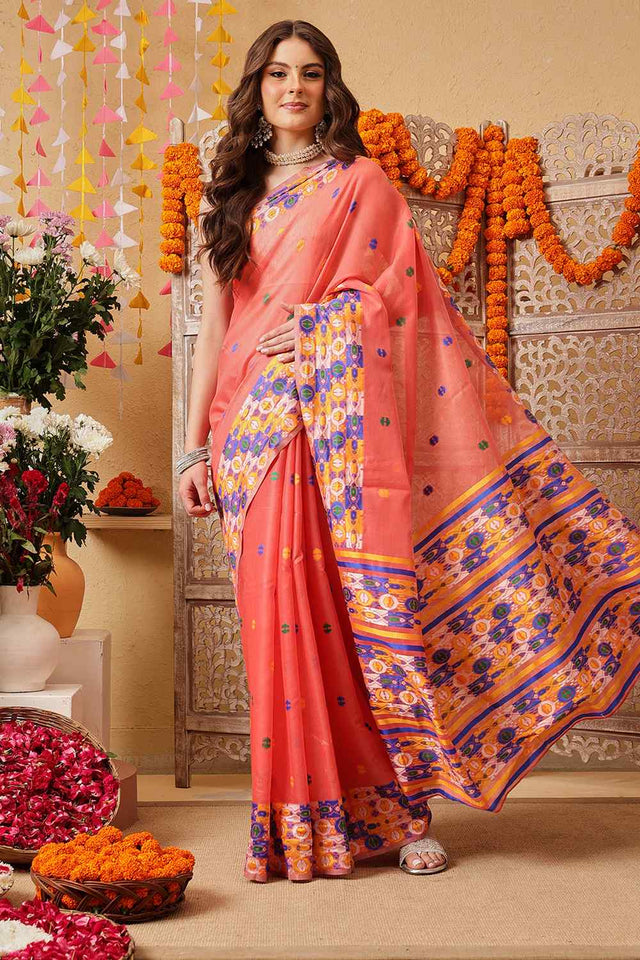 Peach Woven Design Cotton Saree