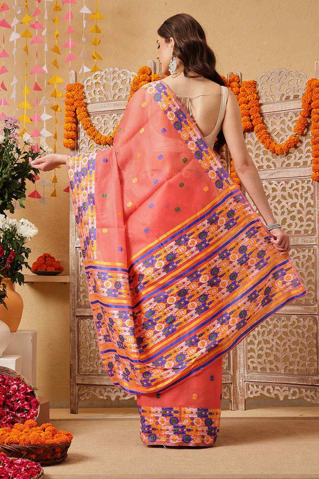 Peach Woven Design Cotton Saree