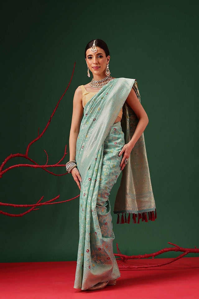Turquoise Woven Cotton Saree