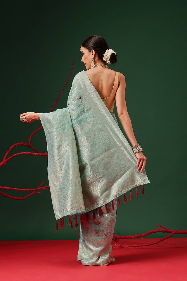 Turquoise Woven Cotton Saree