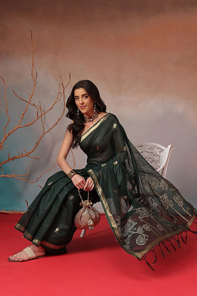 Green Floral Woven Cotton Blend Saree (SZ-JMD36-GN-3153)