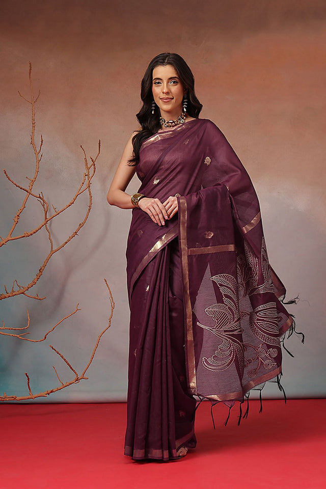 Violet Floral Woven Cotton Blend Saree (SZ-JMD37-MG-3155)