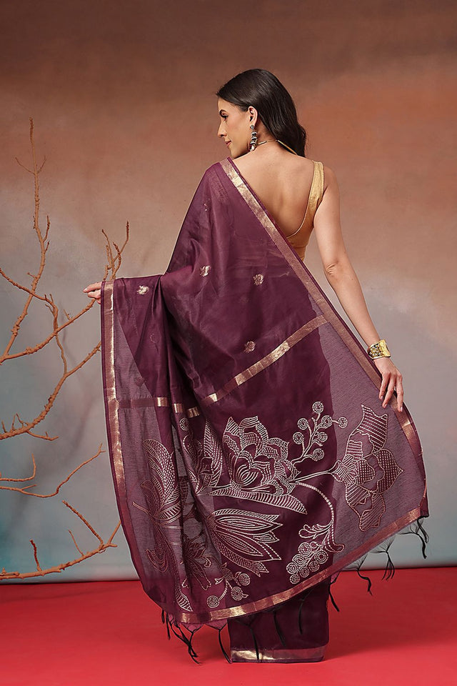 Violet Floral Woven Cotton Blend Saree (SZ-JMD37-MG-3155)