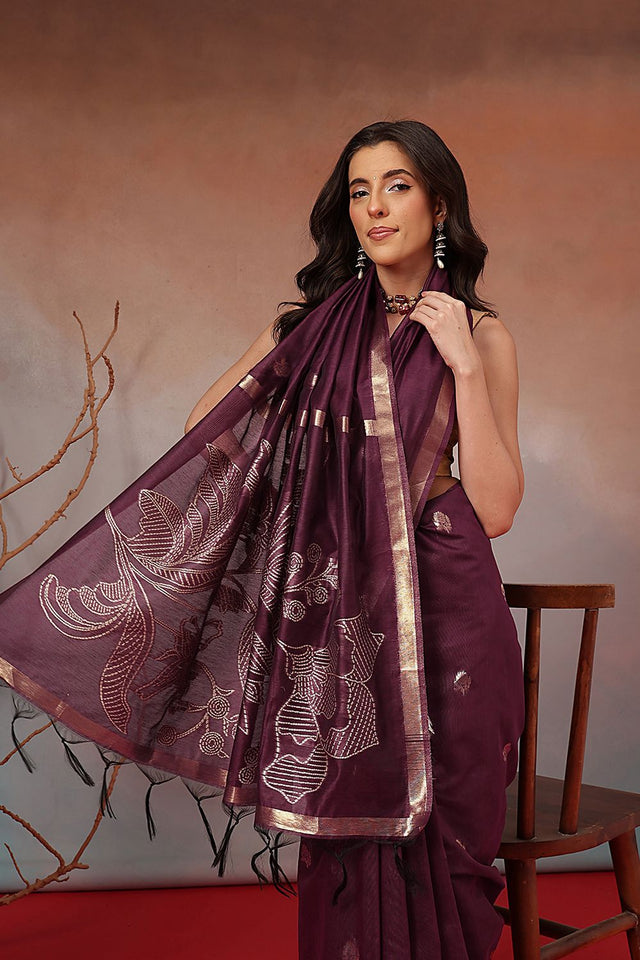 Violet Floral Woven Cotton Blend Saree (SZ-JMD37-MG-3155)