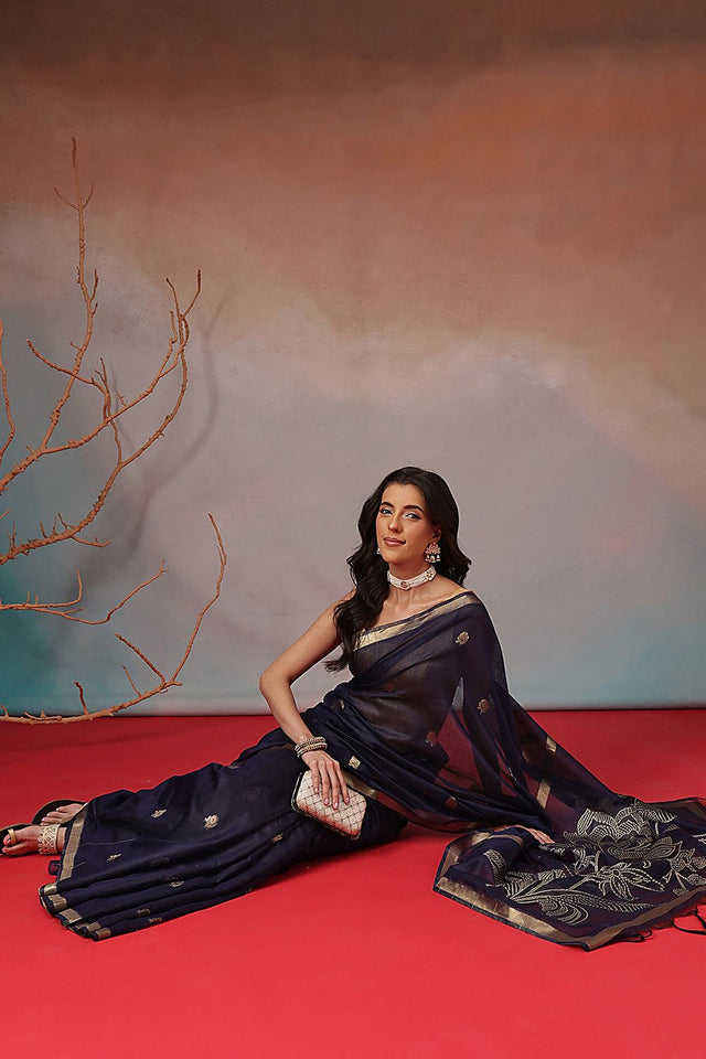 Navy Blue Floral Woven Cotton Blend Saree (SZ-JMD37-NB-3156)