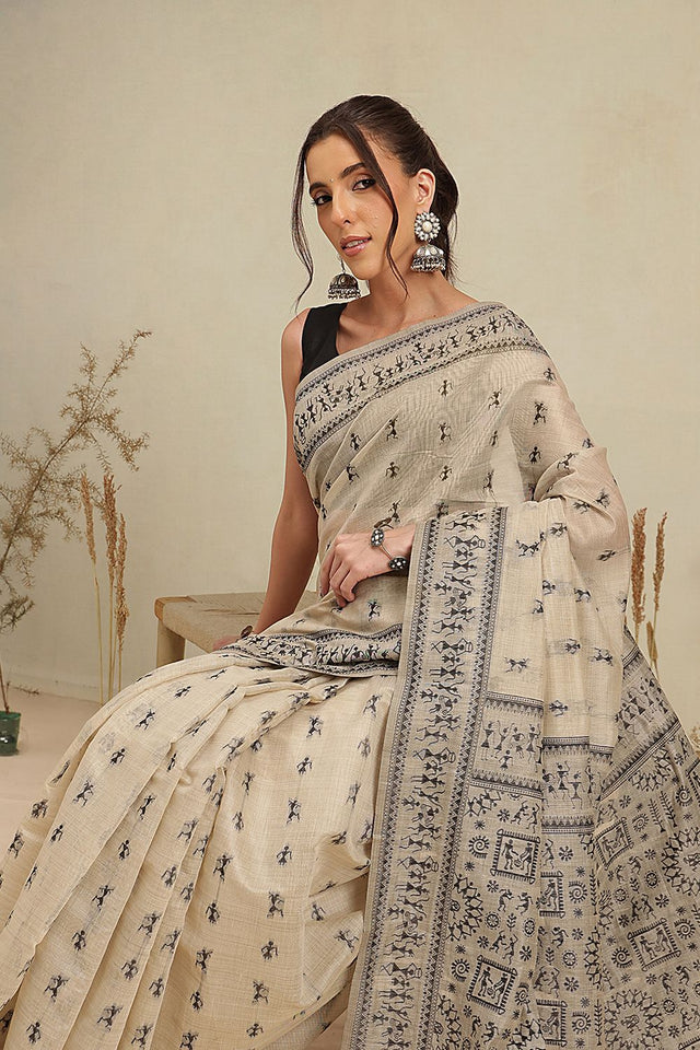Black Floral Woven Cotton Blend Saree (SZ-JMD38-BL-3158)